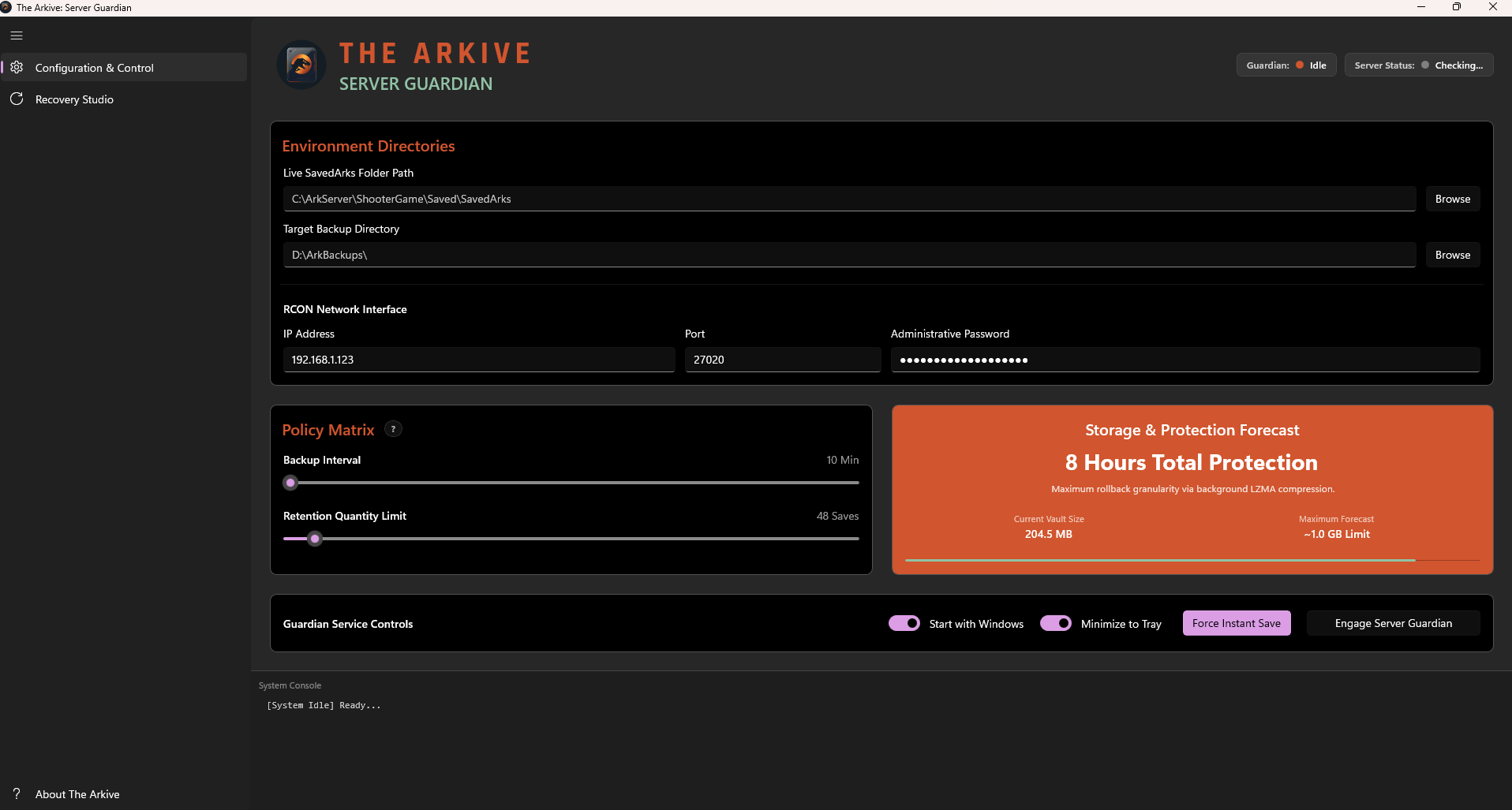 The Arkive Configuration & Control dashboard