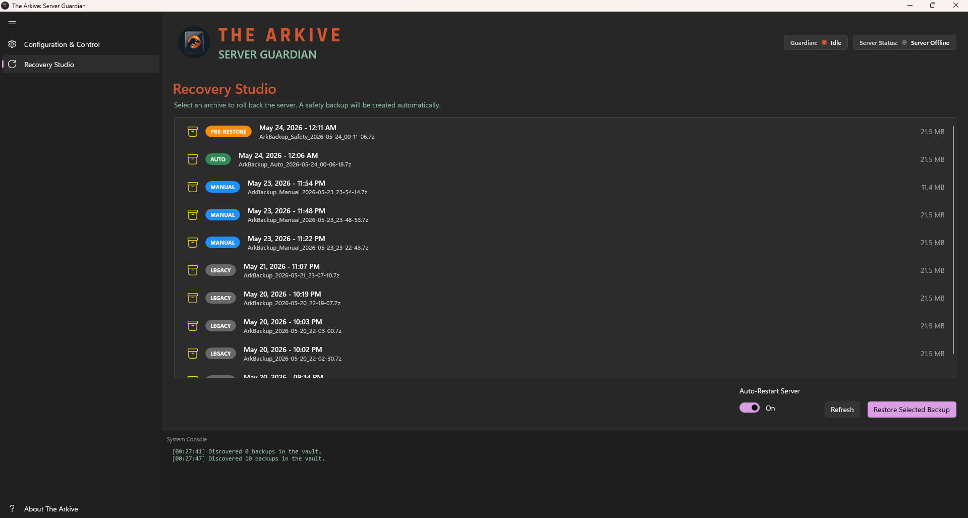The Arkive Recovery Studio listing backup archives